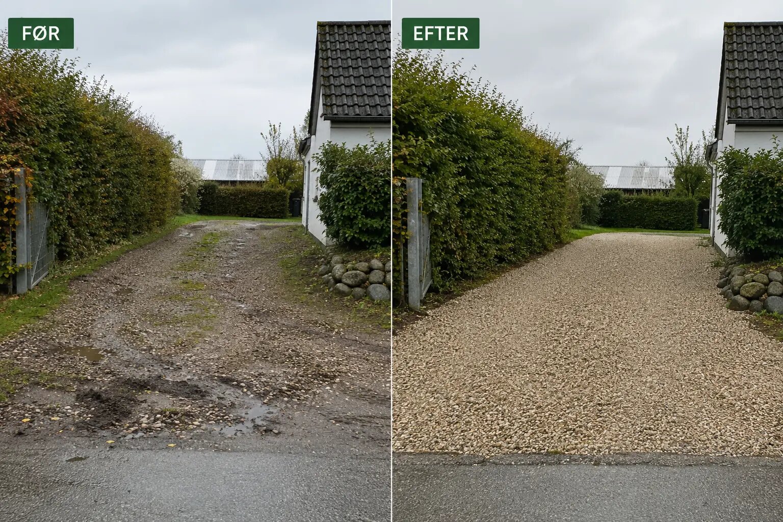 Renovering og opretning af grusindkørsel – før og efter