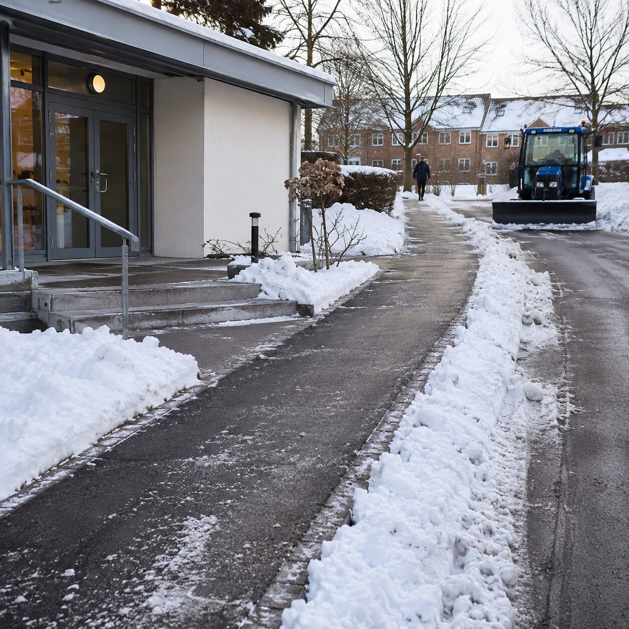 Snerydning med maskine ved et dansk boligområde